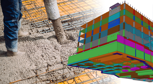 A composite image of a concrete pour and a Tekla Structures 3D building model, highlighting Trimble’s construction technology.