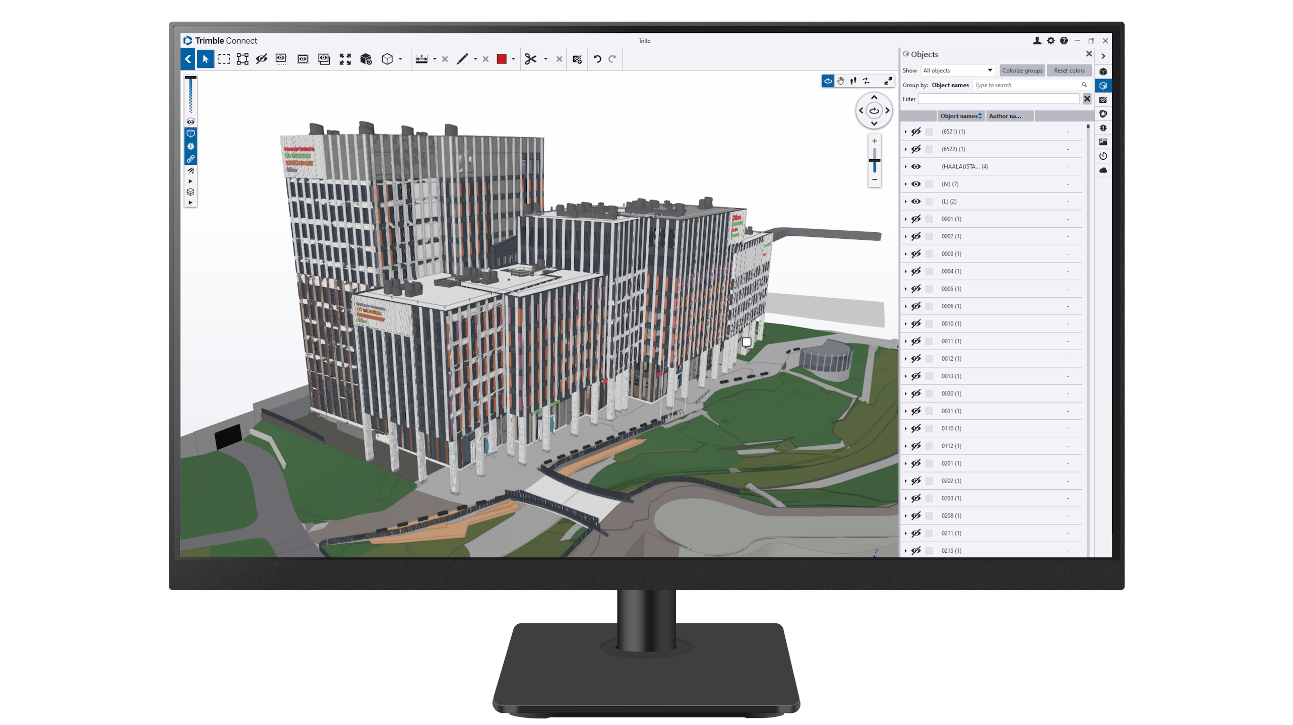 Trimble Connect interface on a computer monitor showing a 3D architectural model of the Trillo building project.