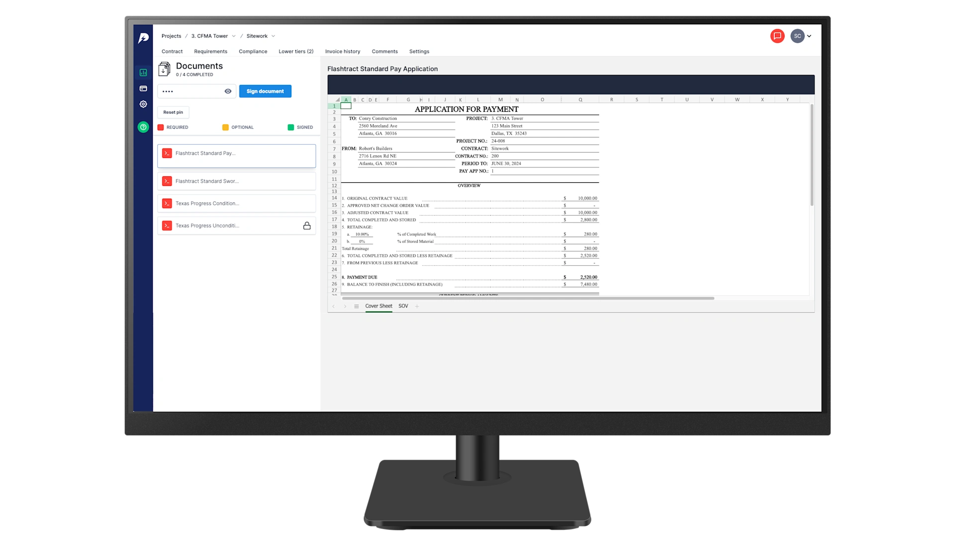 A computer monitor displaying Trimble Pay (Flashtract) construction billing software with an Application for Payment form for the CFMA Tower project.