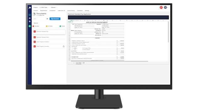 A computer monitor displaying Trimble Pay (Flashtract) construction billing software with an Application for Payment form for the CFMA Tower project.