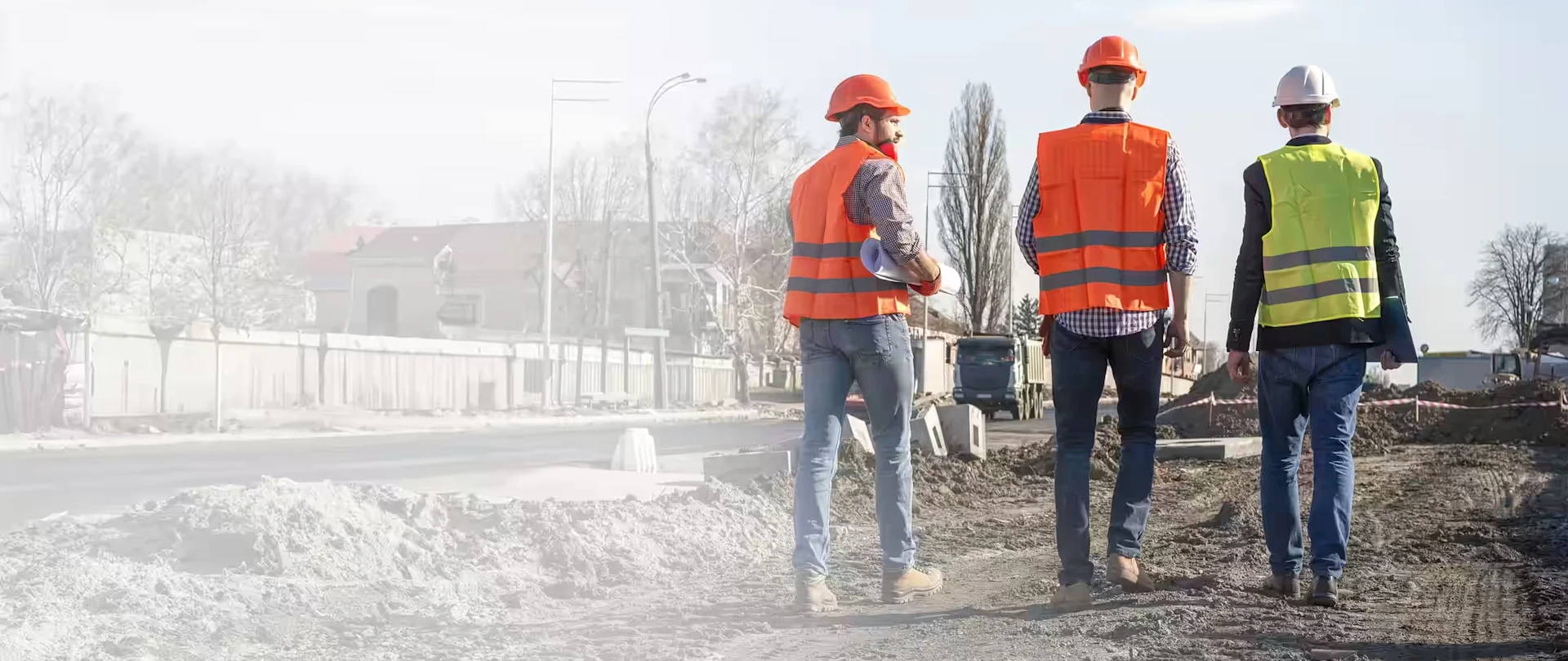 Three construction professionals in safety vests and hard hats walk through a road construction site; one carries architectural blueprints.