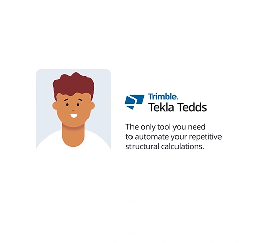 An illustration of a cartoon man next to the Trimble Tekla Tedds logo and tagline about automating repetitive structural calculations.
