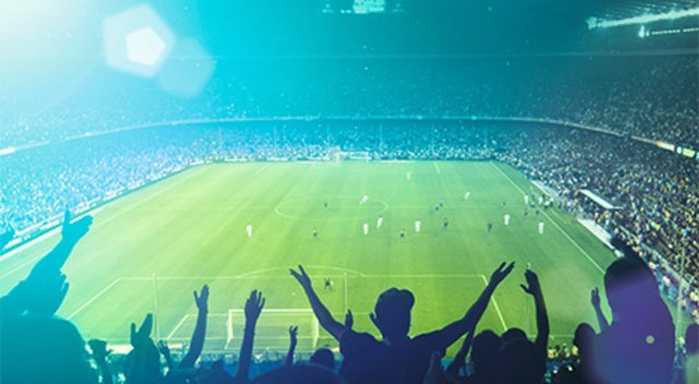 A massive sports stadium makes tens of thousands of occupants seem small in their seats.