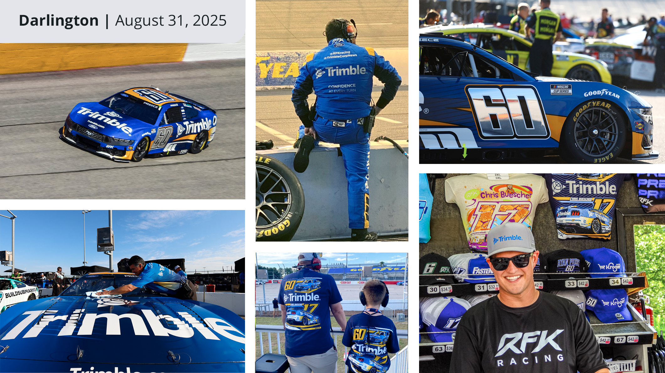 A collage of images showing the RFK racing team in Darlington, including Ryan Preece, the #60 car, fans, and the crew working in the pit.
