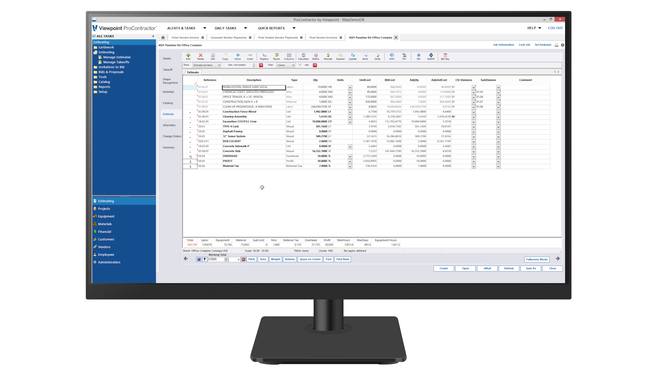 Trimble Viewpoint ProContractor software on a computer monitor, showing a construction estimate for the 4021 Paradise Rd Office Complex project.