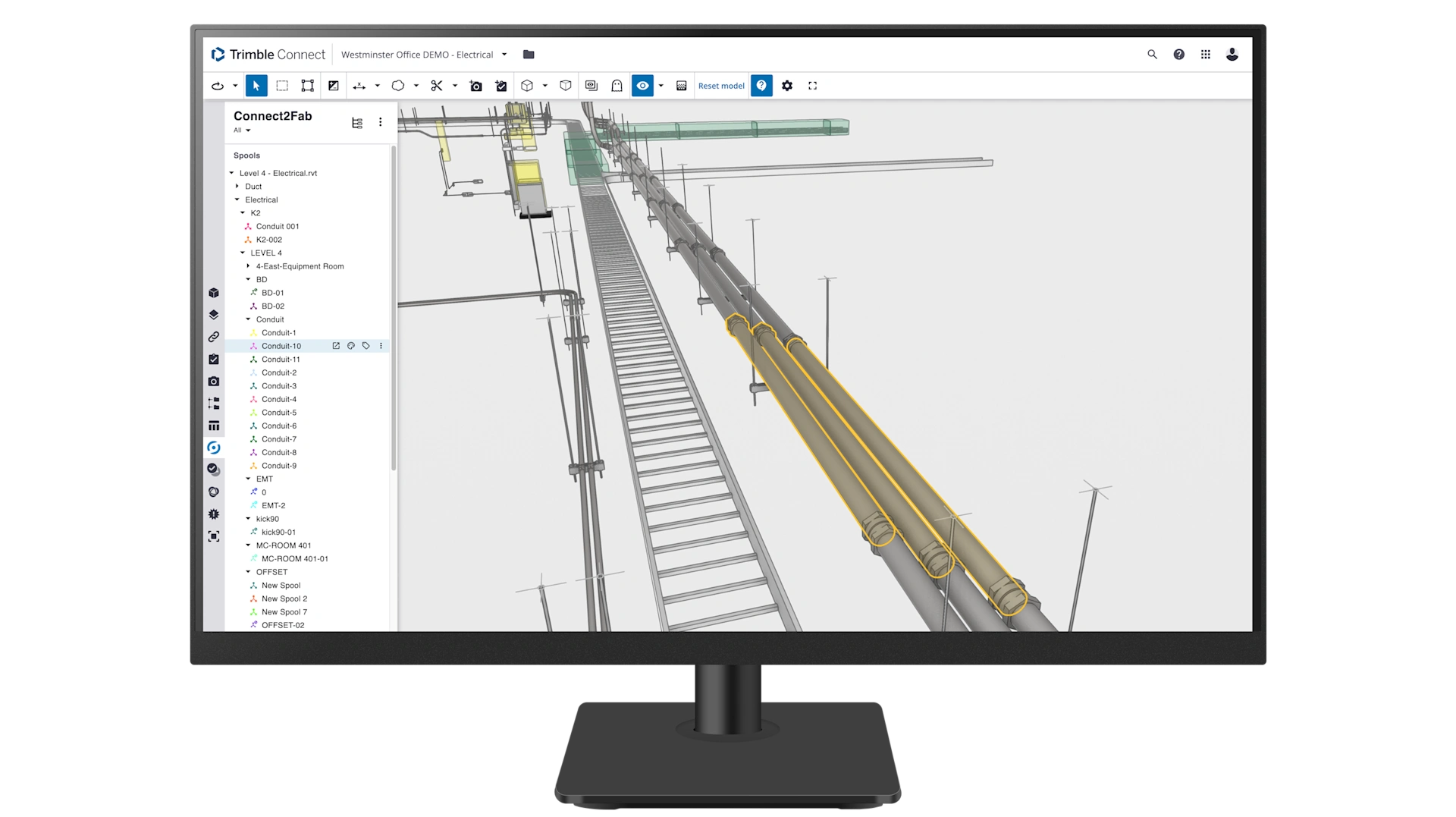 Trimble Connect interface with Connect2Fab displaying a 3D MEP model of electrical conduits for the Westminster Office DEMO project.