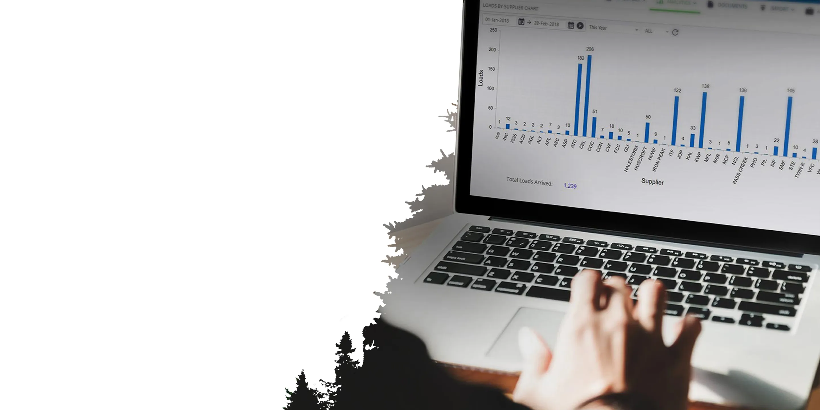 A person uses a laptop displaying a bar chart with blue bars representing data trends. On the left, silhouetted pine trees create a nature contrast.