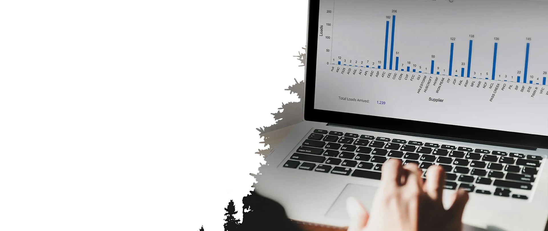 A person uses a laptop displaying a bar chart with blue bars representing data trends. On the left, silhouetted pine trees create a nature contrast.