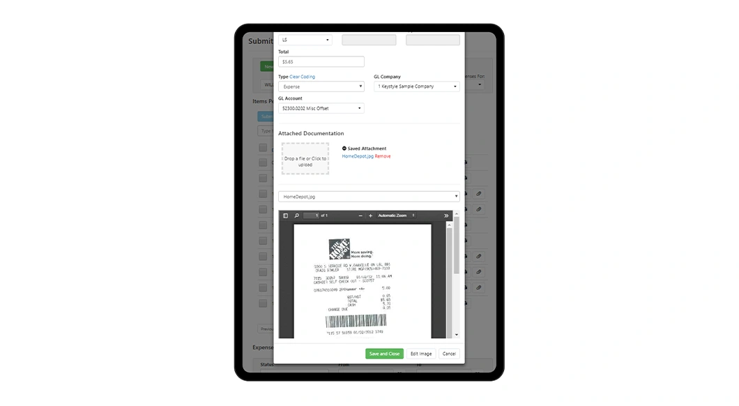 Trimble Viewpoint HR Management interface on a tablet showing a $5.65 Home Depot receipt being coded and submitted for expense reimbursement.