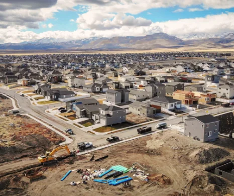 Luchtfoto van woningbouw in Utah met een gele graafmachine en moderne huizen voor een decor van besneeuwde bergen.