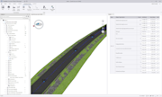 Trimble Connect Object Manager: een 3D civiel model van het South Devon Link wegproject, tracé (220-260), en een tabel met gedetailleerde civiele bouwhoeveelheden.