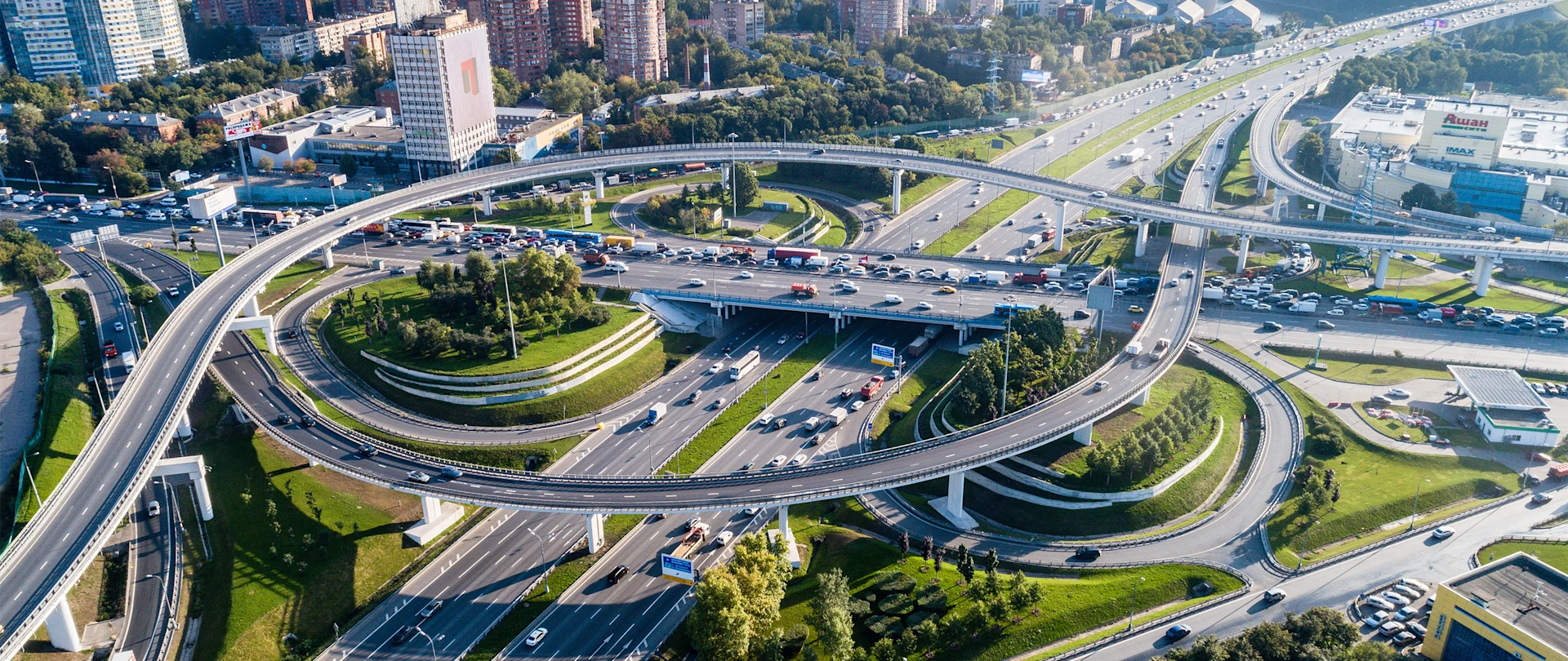 Aerial view of busy highway interchange in city