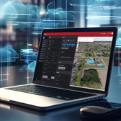 A laptop displays a Trimble Unity software with a map and data, surrounded by abstract blue digital lines and clouds.
