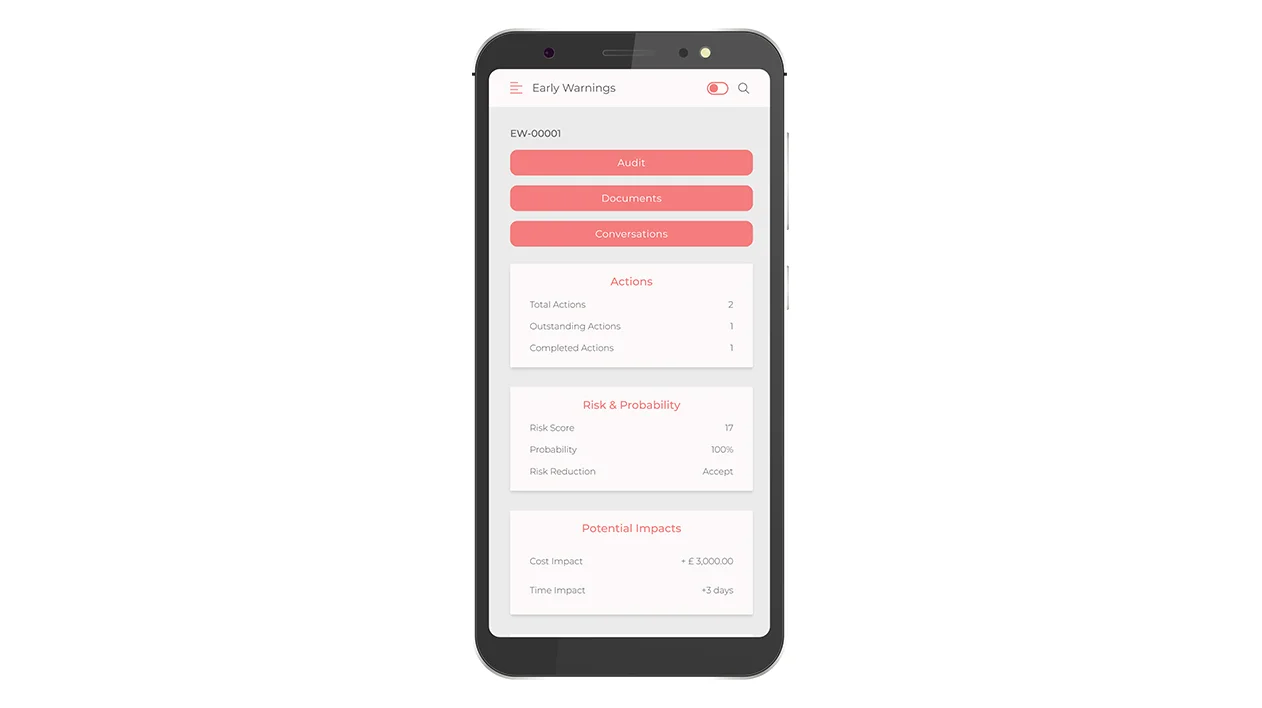 This is a smartphone mockup displaying the user interface of the Trimble Early Warnings app, a contract management tool often integrated with Viewpoint For Projects.