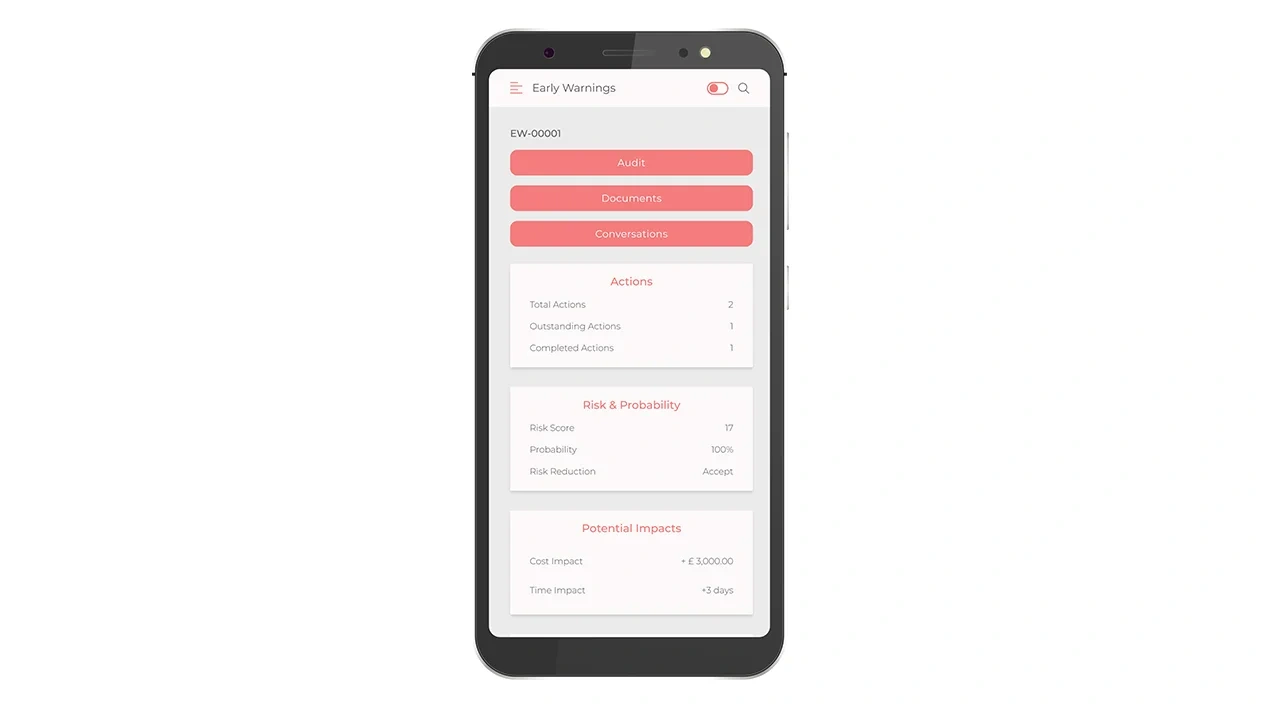 This is a smartphone mockup displaying the user interface of the Trimble Early Warnings app, a contract management tool often integrated with Viewpoint For Projects.