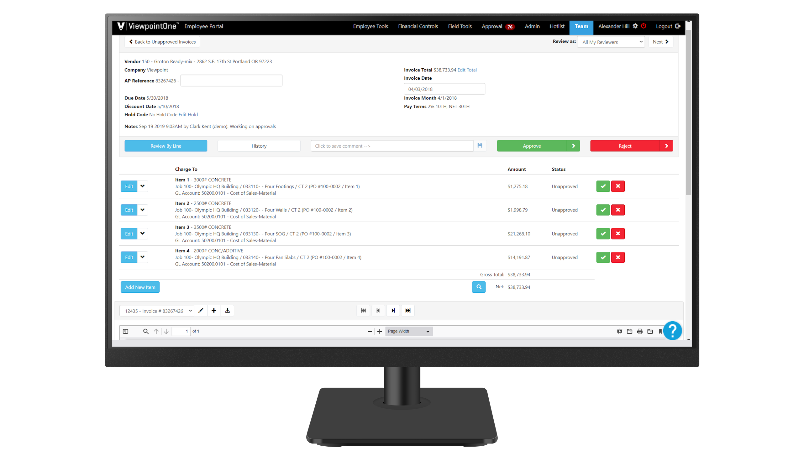 A computer monitor displaying the Trimble ViewpointOne Employee Portal software on an invoice approval page.