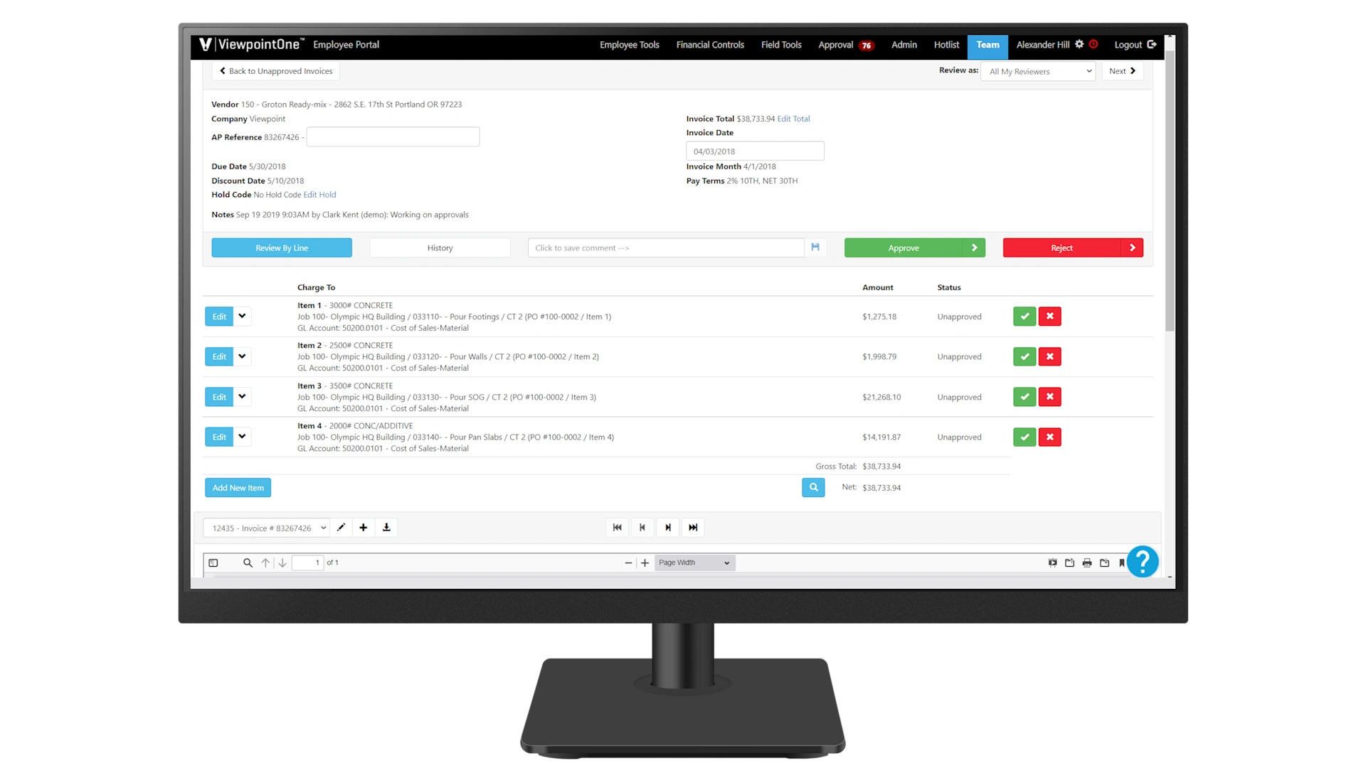 A computer monitor displaying the Trimble ViewpointOne Employee Portal software on an invoice approval page.