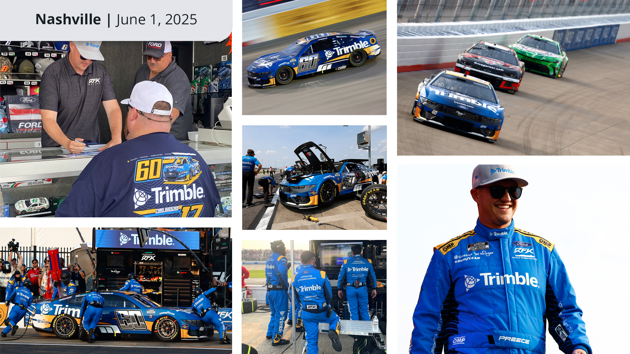 A collage of images showing the RFK racing team in Nashville, including Ryan Preece signing an autograph, the team working on a car in the pit, and race cars on the track.