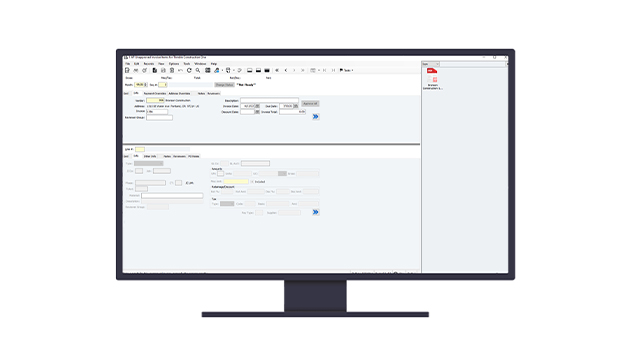 Computer monitor showing the Trimble Construction One AP Unapproved Invoice Entry interface with invoice details and a PDF document preview.