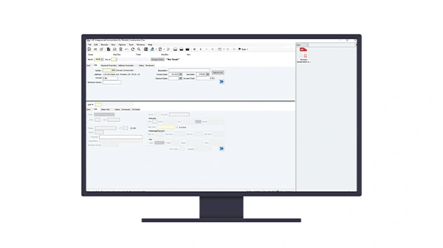 Computer monitor showing the Trimble Construction One AP Unapproved Invoice Entry interface with invoice details and a PDF document preview.