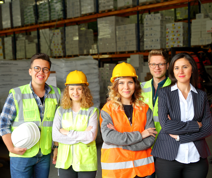 A group of five people standing in a warehouse setting. 