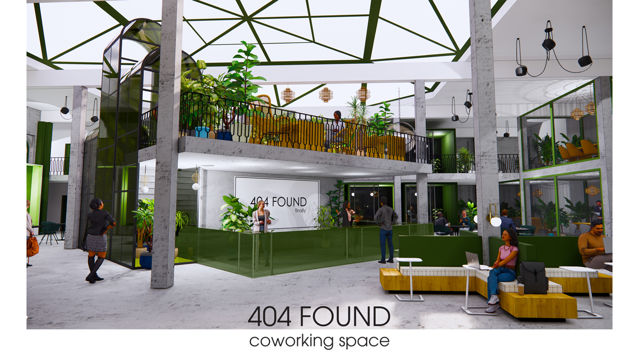 3D rendering of the "404 FOUND" coworking space featuring an open-concept interior with indoor plants, mezzanine levels, and a glass roof.