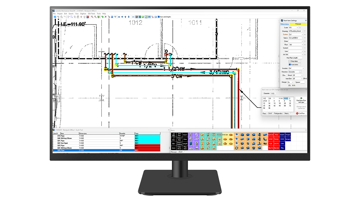 A desktop monitor displays Trimble AutoBid Mechanical software.