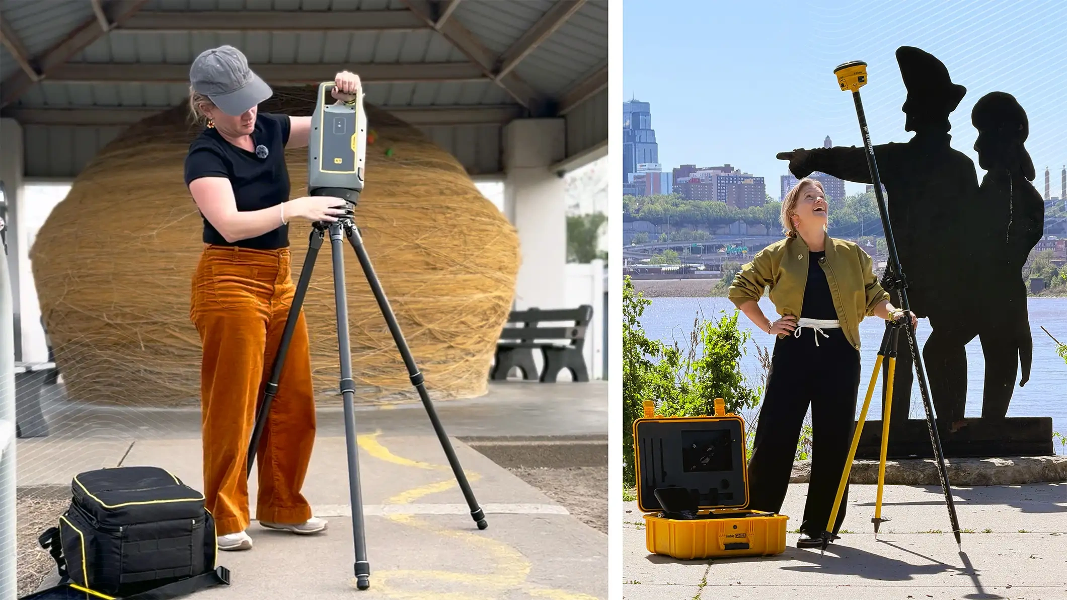 Eine Frau steht vor dem **World's Biggest Ball of Twine** und nutzt den **3D-Laserscanner Trimble X9** (links). Eine Frau steht in **Kansas City** und nutzt einen **Trimble-GNSS-Empfänger** (rechts).