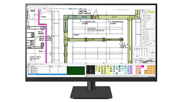A desktop monitor displays Trimble AutoBid SheetMetal software.