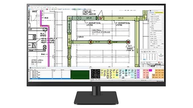 A desktop monitor displays Trimble AutoBid SheetMetal software.