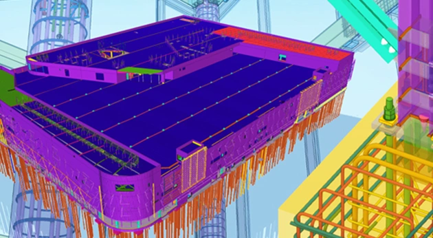 This is a detailed 3D structural BIM model created in Trimble Tekla Structures, showing a purple concrete slab with orange foundation piles and rebar.