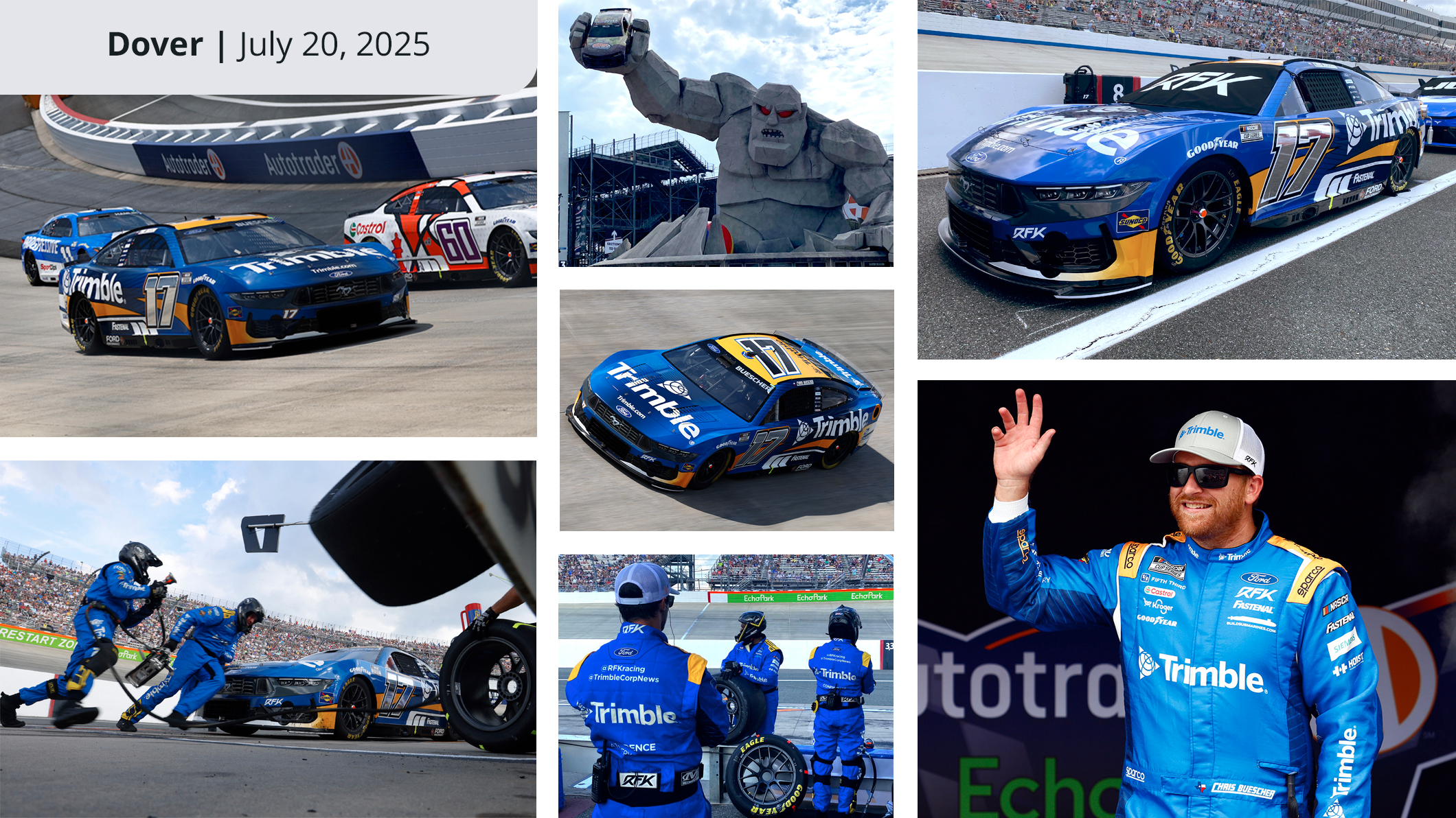 A collage of images taken at Dover, including the #17 Trimble race car on a track, Chris Buescher waving, a pit crew in action, and a giant statue holding a car.