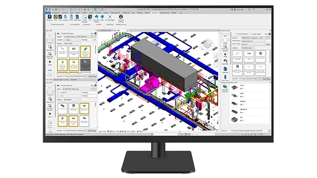 Ein Bildschirm, der ein 3D-Modell des HLK-Systems und der elektrischen Systeme eines Gebäudes in der Trimble-SysQue-Software anzeigt.