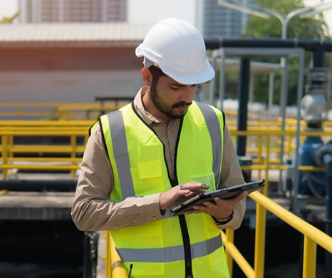 Veldmedewerker met witte helm en geel veiligheidsvest beheert assets met Trimble-software op een tablet bij een waterzuiveringsinstallatie.