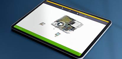 A Trimble tablet displays a 3D construction model in a software interface, with a play icon overlaid on the architectural design.