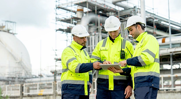 Three industrial workers in high-visibility jackets and hard hats review data on a tablet at a refinery site.