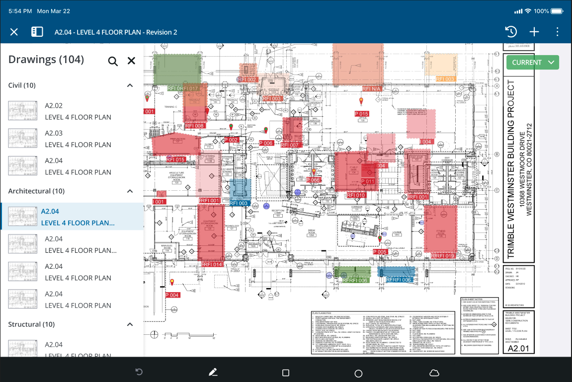 A tablet displays Trimble ProjectSight construction software showing a Level 4 floor plan with RFI and punch list overlays for a building project.