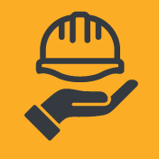 A solid hand icon holding a line art construction hard hat above it.