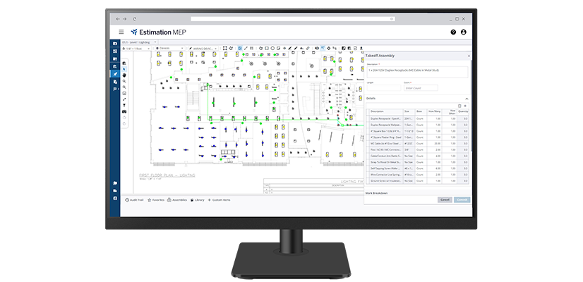 Écran affichant Estimation MEP, un logiciel de chiffrage et de métré basé sur le Web pour les entrepreneurs MEP