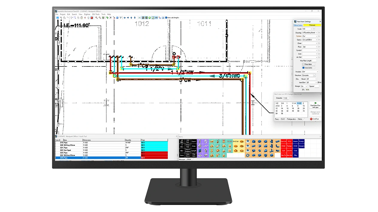 A desktop monitor displays Trimble AutoBid Mechanical software.