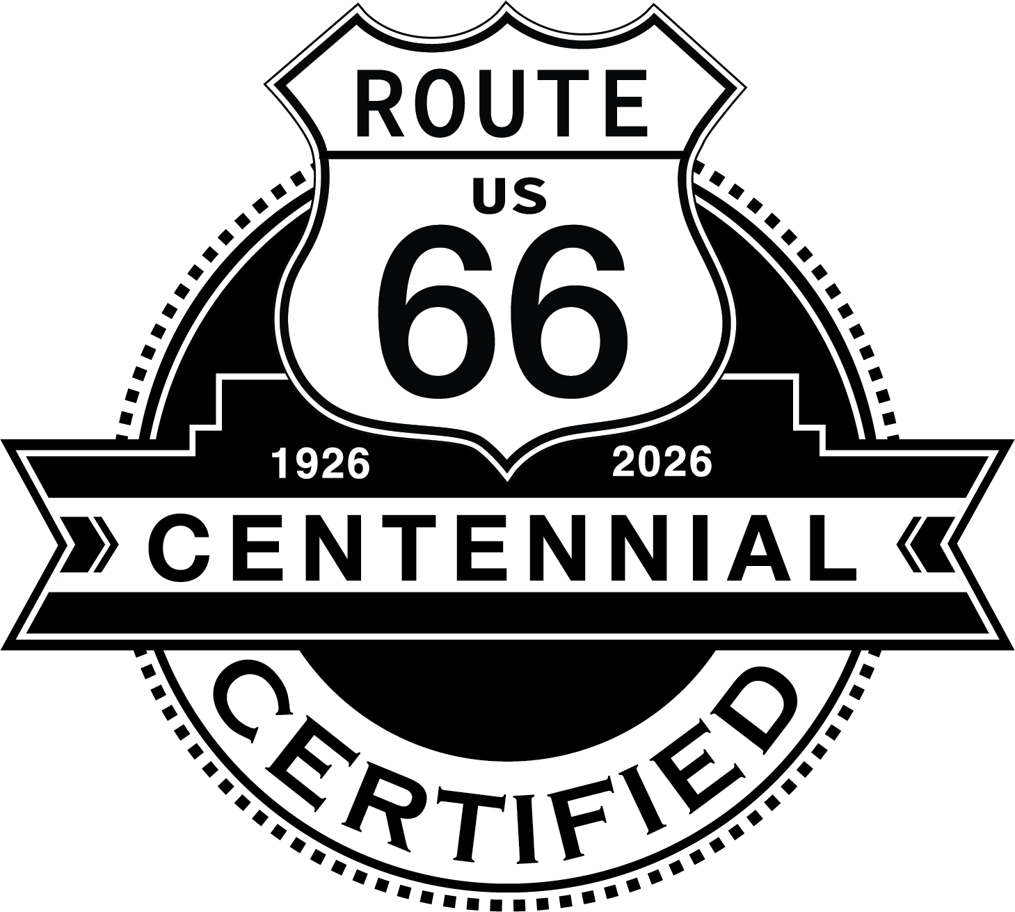 The official Route 66 Centennial Certified emblem: a circular black and white logo with the US 66 shield, 1926–2026 dates, and a banner.