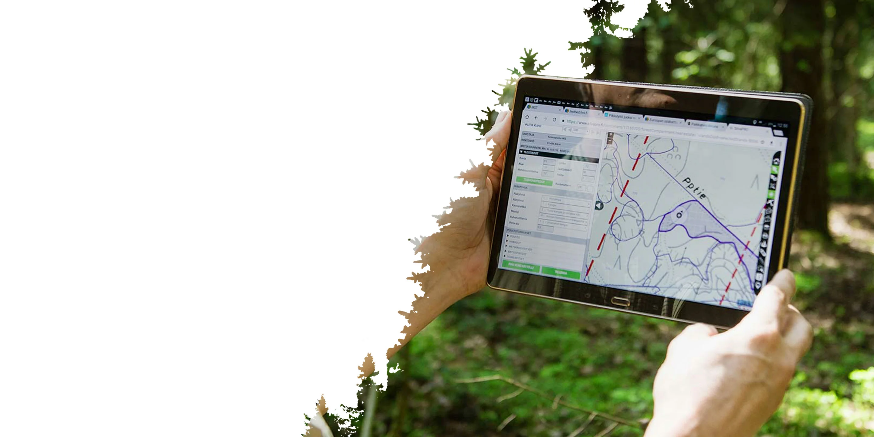 A person in a forest holds a tablet displaying Trimble SilvaPRO forestry management software with a digital map and forest compartment data.