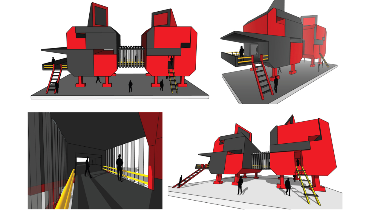 An array of isometric and perspective drawings of a modern modular structure in red, black, and grey, featuring exterior walkways and ladders.