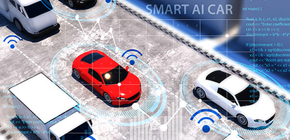 An angled, overhead digital rendering shows several vehicles, including a prominent red car, a white car, a white van, and a black car, moving on a futuristic road.