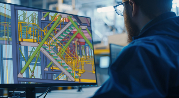 An engineer uses Trimble Tekla Structures software to design a detailed 3D structural steel model of industrial stairs and framing.