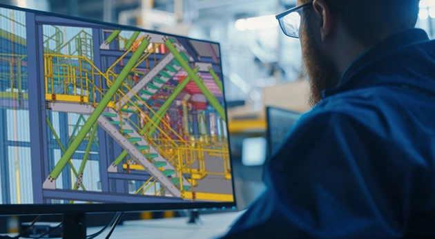 An engineer uses Trimble Tekla Structures software to design a detailed 3D structural steel model of industrial stairs and framing.
