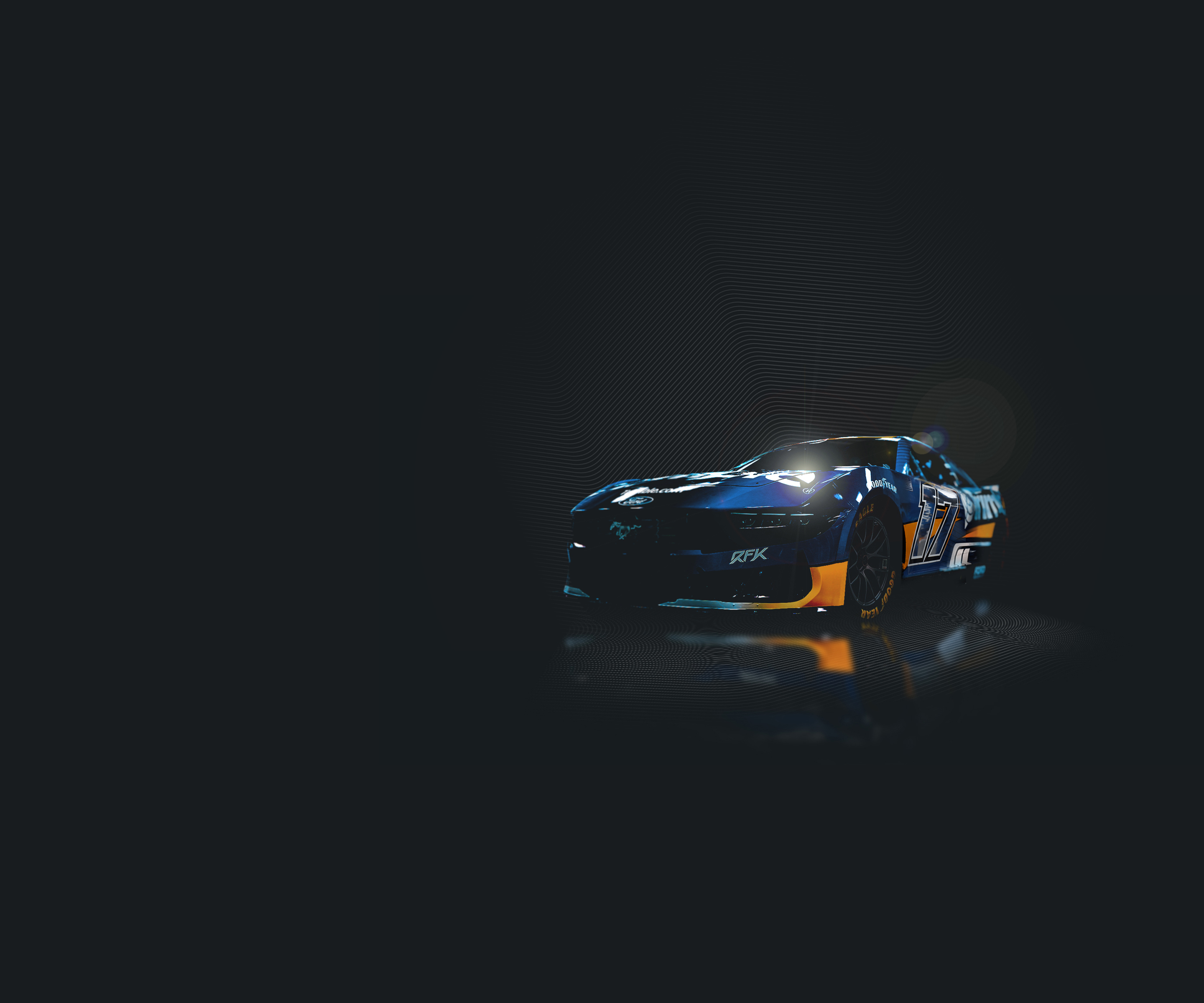 The number 17 NASCAR race car features a blue and white Trimble livery with yellow accents and Chris Buescher's name on a dark background.