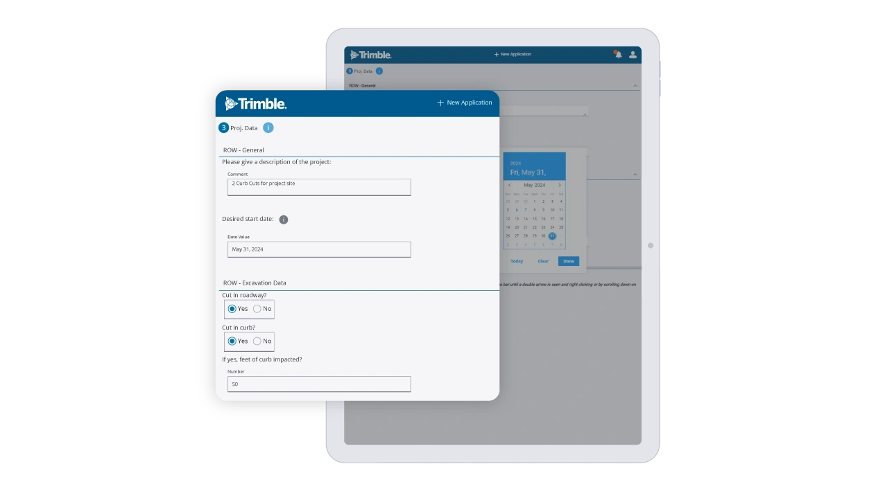 Trimble Unity Permit screenshot showing new application