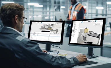 A professional uses Trimble Connect software on dual monitors to analyze 3D building models in a modern industrial workplace.
