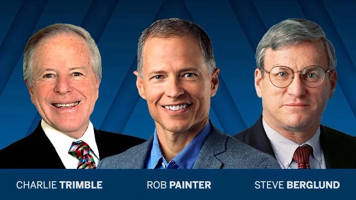 Portrait of Charlie Trimble, Rob Painter, and Steve Berglund, current and former Trimble CEOs, against a blue geometric background.
